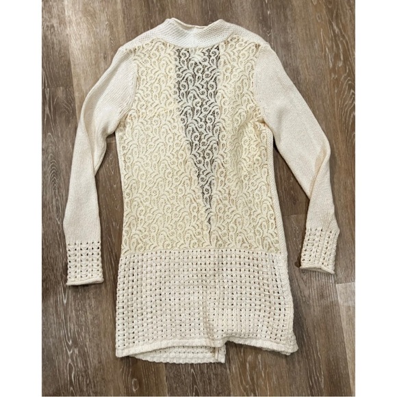 Chico's 0 Sz S Longline Lace Back Long Duster Sweater Cardigan Jacket Lattice - Picture 4 of 13
